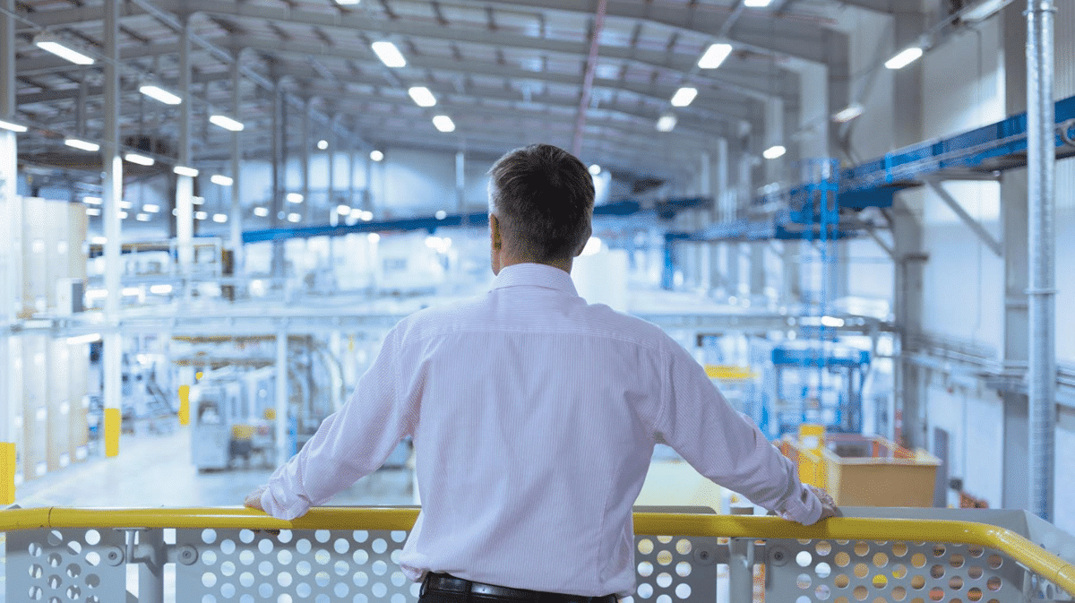 Osoba w jasnej koszuli stoi na antresoli i patrzy na dużą, nowoczesną halę produkcyjną z maszynami i liniami technologicznymi.