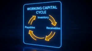 Schemat cyklu kapitału obrotowego przedstawiający zależności między zapasami, należnościami i zobowiązaniami w firmie