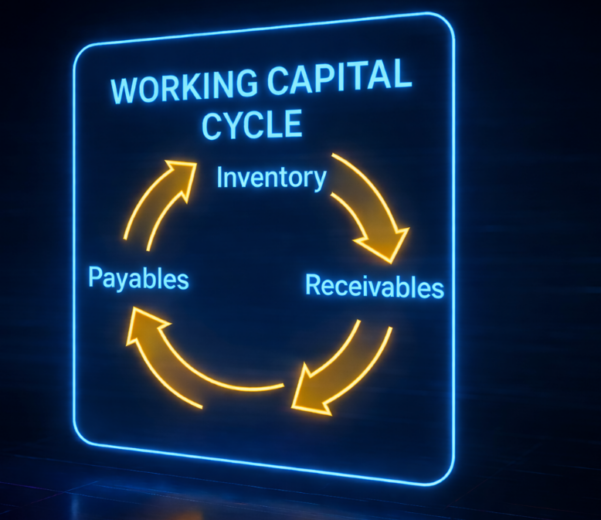 Schemat cyklu kapitału obrotowego przedstawiający zależności między zapasami, należnościami i zobowiązaniami w firmie