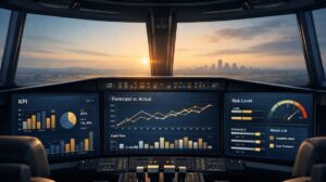 Wnętrze nowoczesnej kabiny sterowniczej z panoramicznym widokiem na miasto o zachodzie słońca; na kilku ekranach wyświetlane są pulpity analityczne z wykresami KPI, prognozą vs. wynikiem rzeczywistym, przepływami pieniężnymi oraz wskaźnikiem poziomu ryzyka.