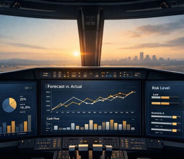 Wnętrze nowoczesnej kabiny sterowniczej z panoramicznym widokiem na miasto o zachodzie słońca; na kilku ekranach wyświetlane są pulpity analityczne z wykresami KPI, prognozą vs. wynikiem rzeczywistym, przepływami pieniężnymi oraz wskaźnikiem poziomu ryzyka.