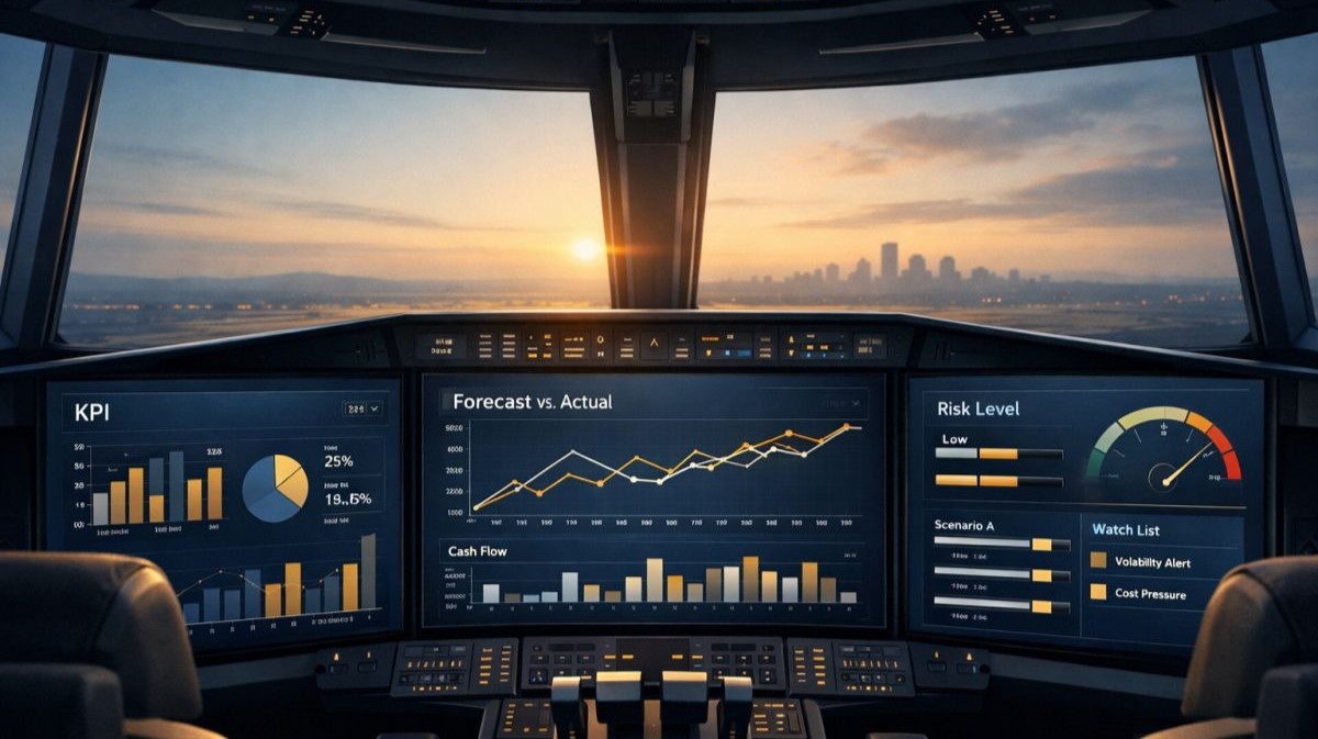 Wnętrze nowoczesnej kabiny sterowniczej z panoramicznym widokiem na miasto o zachodzie słońca; na kilku ekranach wyświetlane są pulpity analityczne z wykresami KPI, prognozą vs. wynikiem rzeczywistym, przepływami pieniężnymi oraz wskaźnikiem poziomu ryzyka.