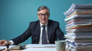 Założyciel firmy siedzi przy biurku obok wysokiego stosu dokumentów, co obrazuje przeciążenie obowiązkami, centralizację decyzji i wyzwania związane ze skalowaniem biznesu.