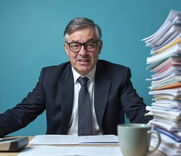 Założyciel firmy siedzi przy biurku obok wysokiego stosu dokumentów, co obrazuje przeciążenie obowiązkami, centralizację decyzji i wyzwania związane ze skalowaniem biznesu.