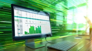 A computer monitor displaying an Excel spreadsheet with financial data and green bar charts, symbolizing data analysis and financial modelling in business.