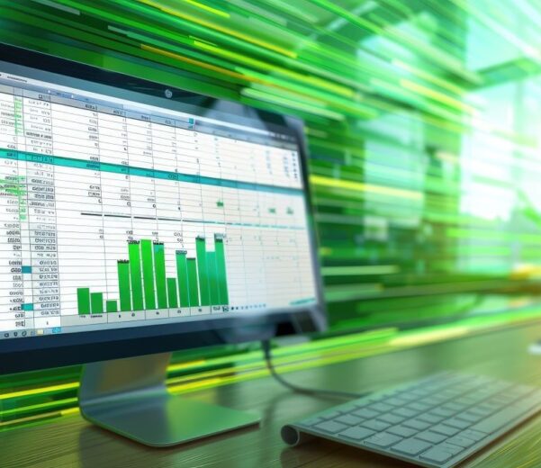 Monitor komputera z arkuszem kalkulacyjnym Excel przedstawiającym dane finansowe i zielone wykresy słupkowe, symbolizujące analizę danych i modelowanie finansowe w biznesie.